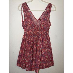 H&M Divided Pink Floral Smocked Waist V-Neck Tie Shoulder Mini Dress US S/ EU 38